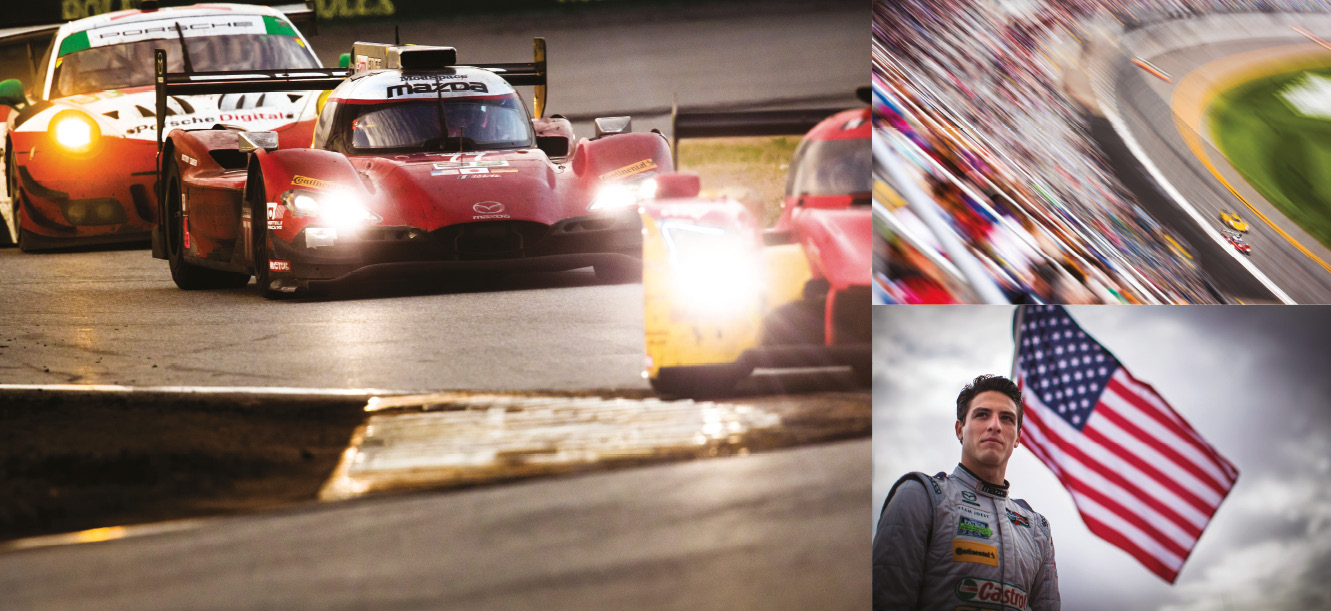 Mazda 77 of Tristan Nunez, Olly Jarvis and René Rast navigates through traffic. Nunez, admits it would be a dream to race at Le Mans with Mazda