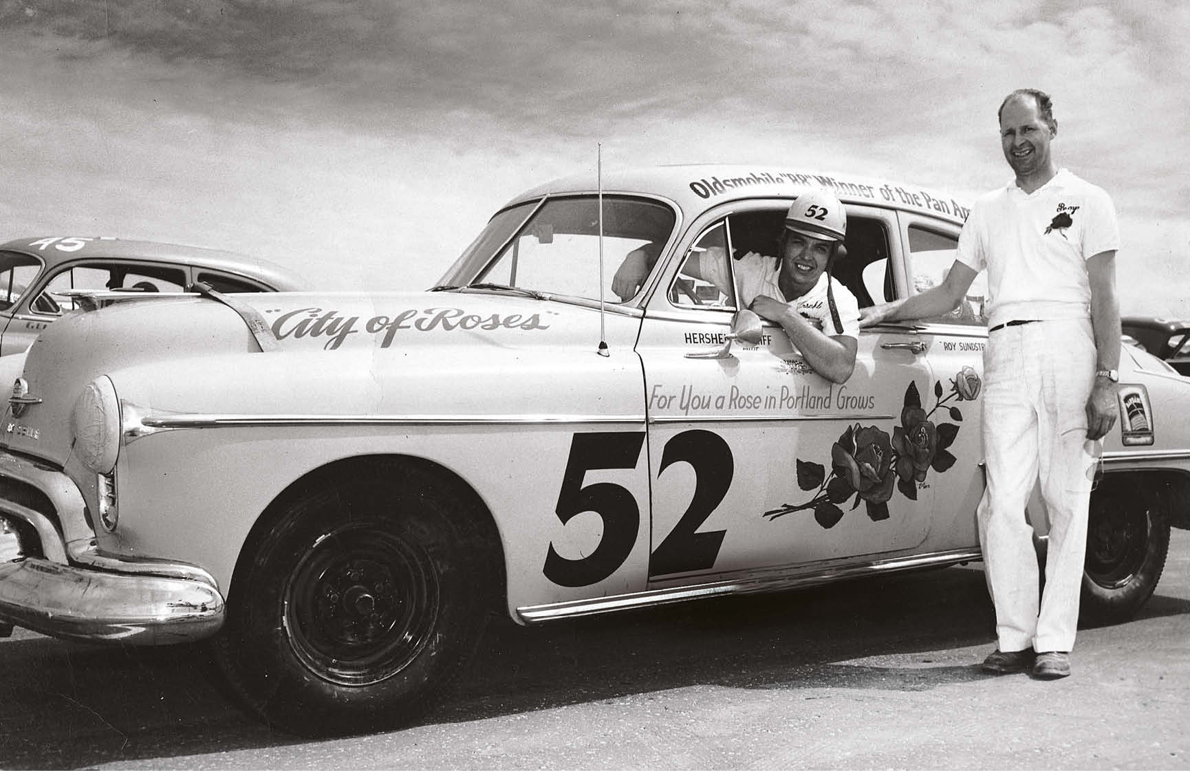 McGriff began his stock car career in the 1950s. Here he is pictured at the wheel of the Oldsmobile that he won the 1950 Mexican Road Race in with his co-driver Ray Elliott.