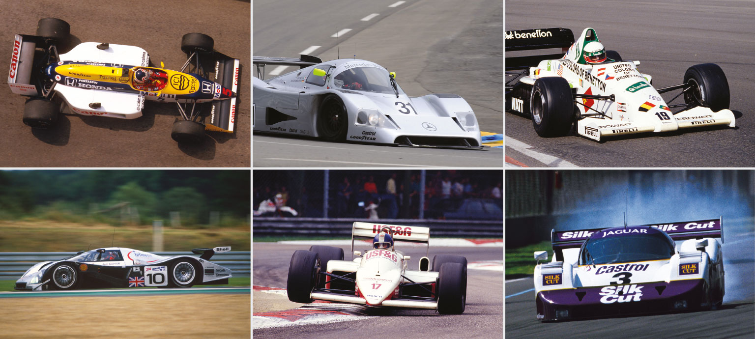 The power-hungry race cars that will light up Race Retro: the Williams FW11/B (top left) headlines the turbocharged F1 display alongside the Toleman TG185 (top right) and Arrows A10 (bottom middle). The Sauber-Mercedes C11 (top middle) joins the Audi R8C (bottom left) and Jaguar XJR-11 (bottom right) in a Le Mans tribute