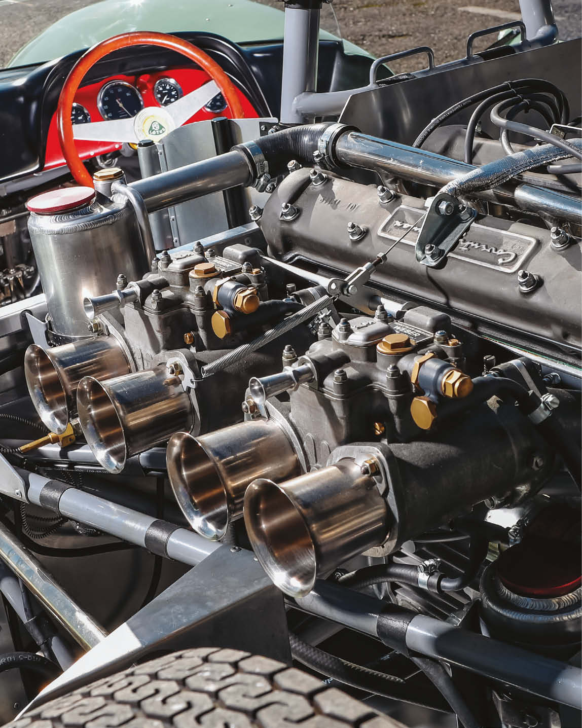 Top: The chassis required complex aluminium work. Above: Original 2.5-litre Coventry Climax engine head remains