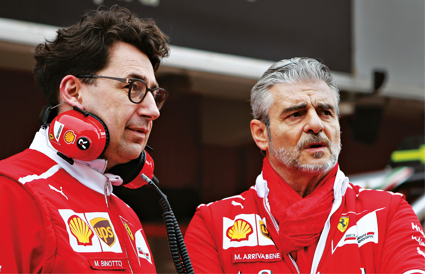 Present and past: Binotto with ousted Ferrari team principal Maurizio Arrivabene, right