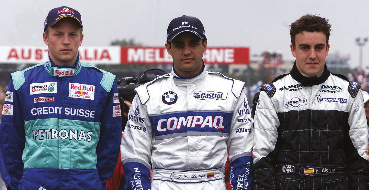 The class of 2001: Formula Renault graduate Räikkönen with fellow rookies Montoya and Alonso