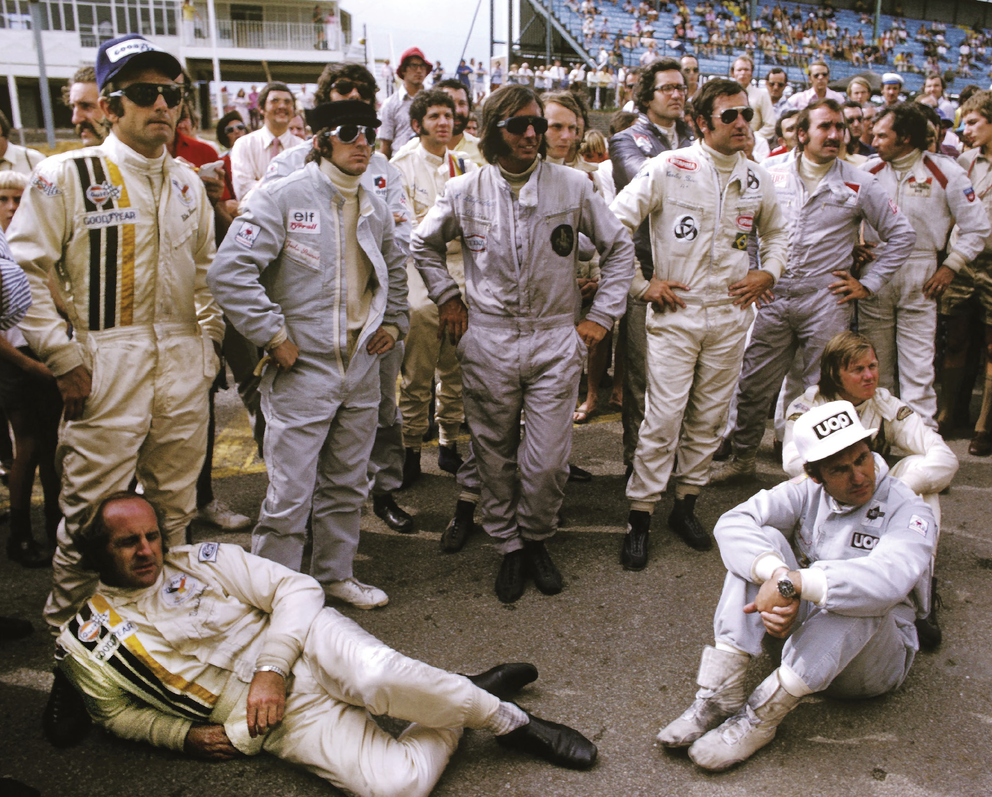 Impromptu meeting at the 1973 South African GP. In his third full F1 season, Emerson Fittipaldi (centre) was on his way to a first world title. Just behind him, Jody Scheckter and Niki Lauda were starting to forge their reputations. Denny Hulme, bottom left, was a veteran at 36