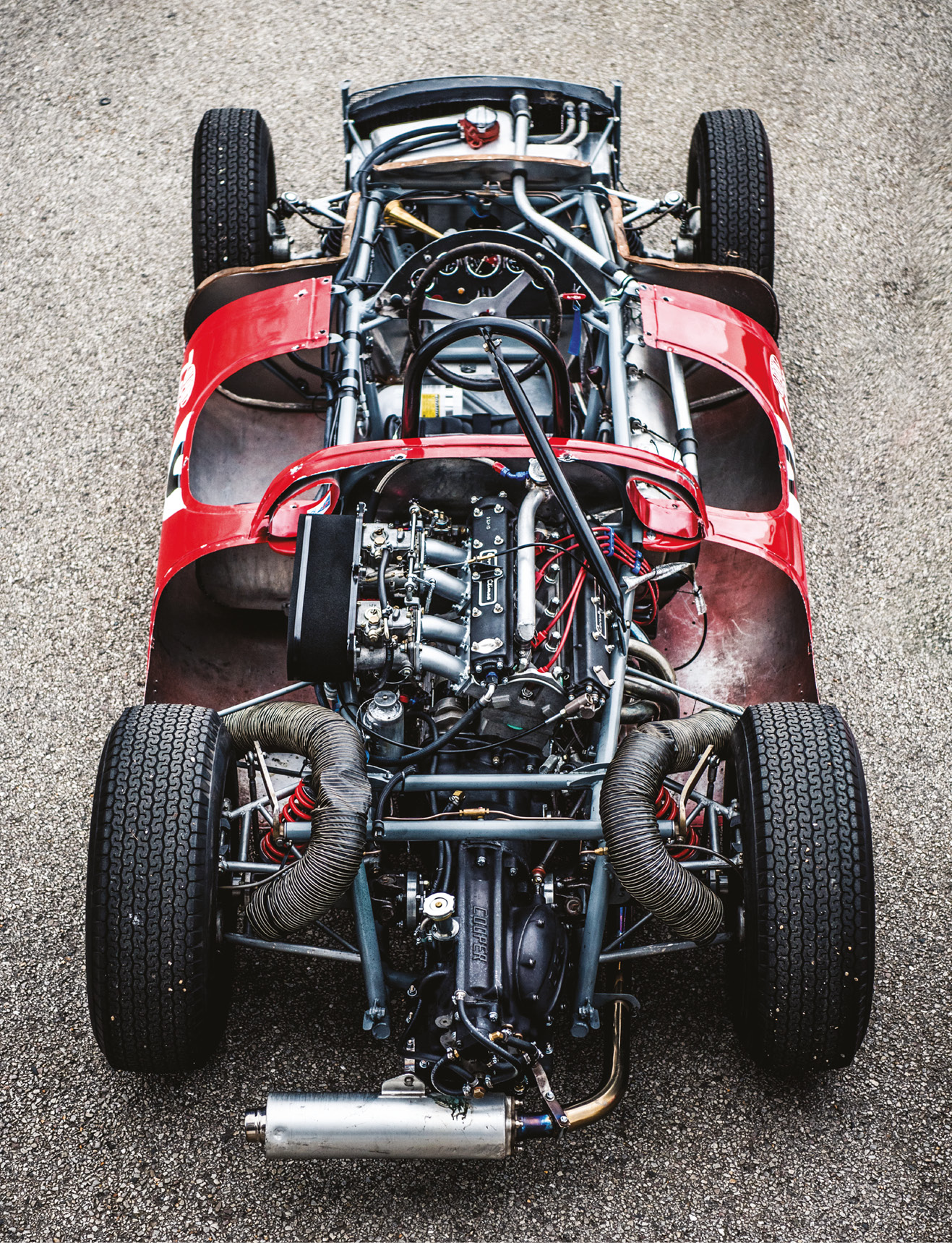 The 2.5-litre Coventry Climax engine dominates the skeletal chassis. It was 2.75-litres originally, but had reliability issues