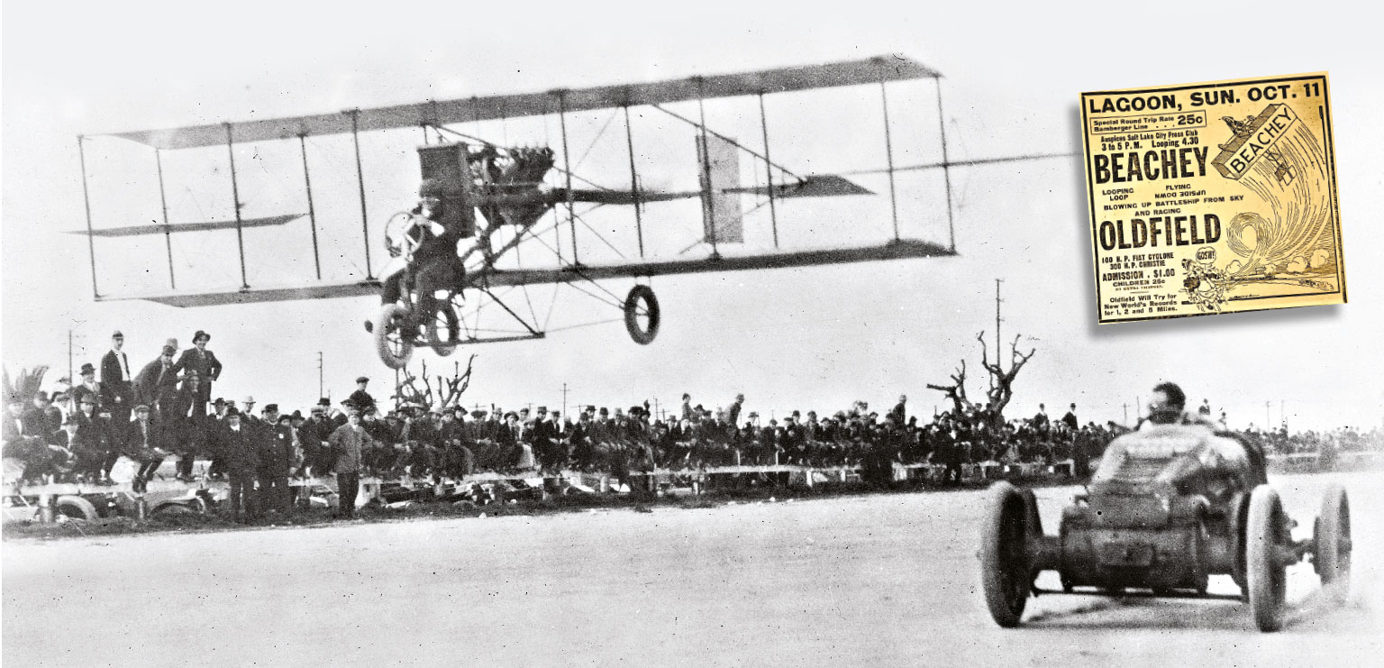 Always one for a novelty, Oldfield races against pilot Lincoln Beachey and his Curtiss airplane in Los Angeles, 1914