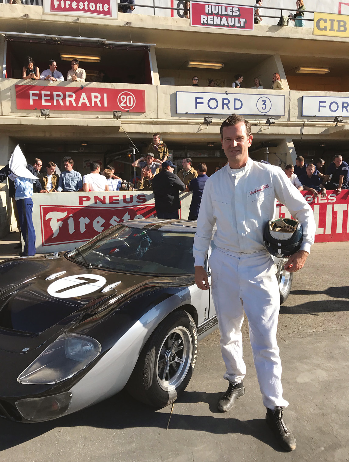 Author Derek Hill dressed as Graham Hill ahead of a Le Mans-style start