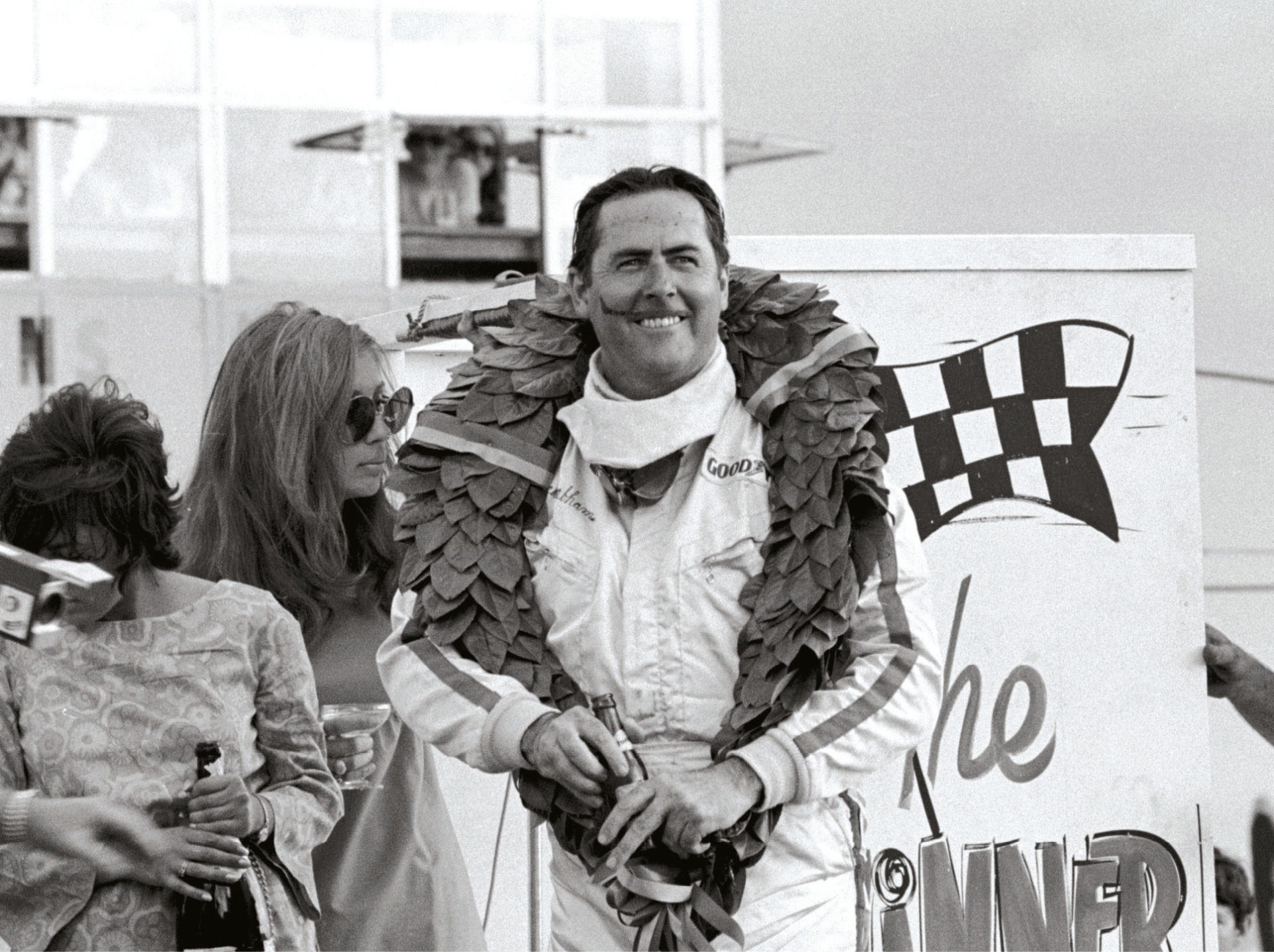 Jack Brabham after his final win in a Brabham in 1970. Top, his son David at Brands Hatch in the BT62