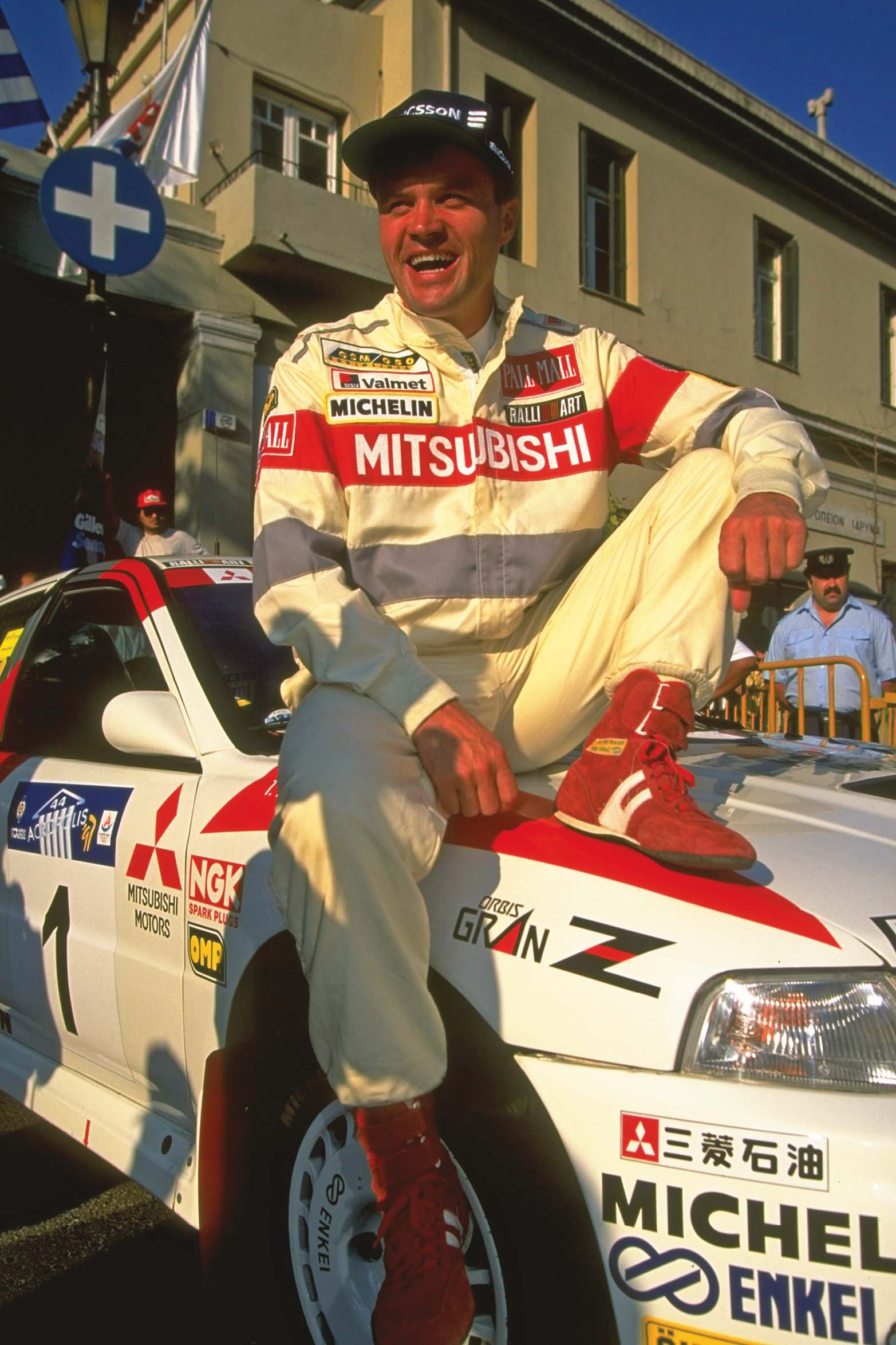 All smiles for the camera on the Acropolis Rally