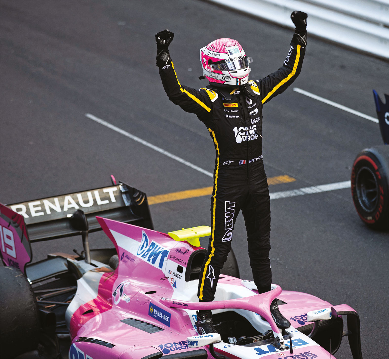 Anthoine Hubert celebrates during the Monaco FIA Formula 2 round in May 2019